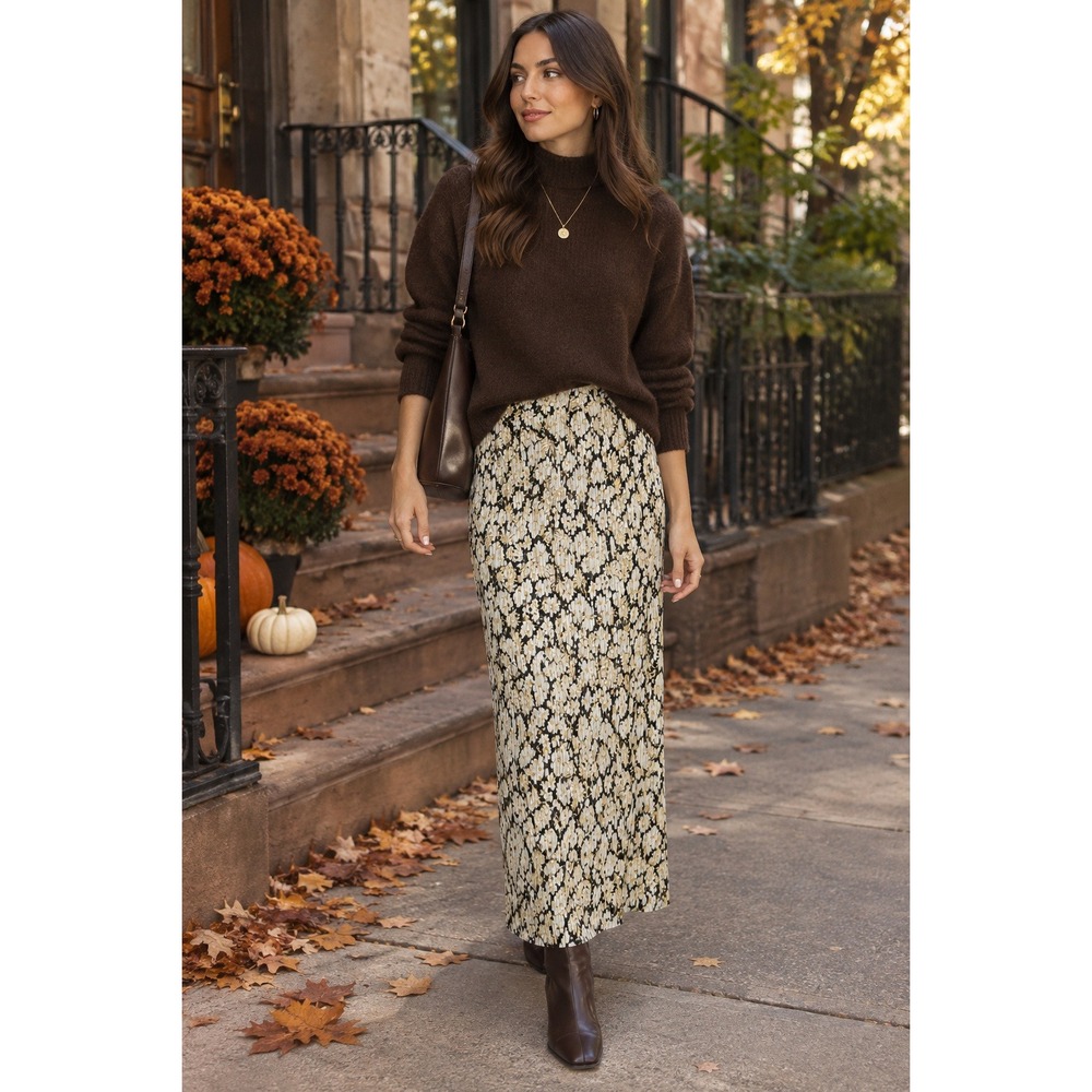 ASOS Cream Black Floral Pleated Midi Skirt Romantic Academia Dark Feminine Sz 12